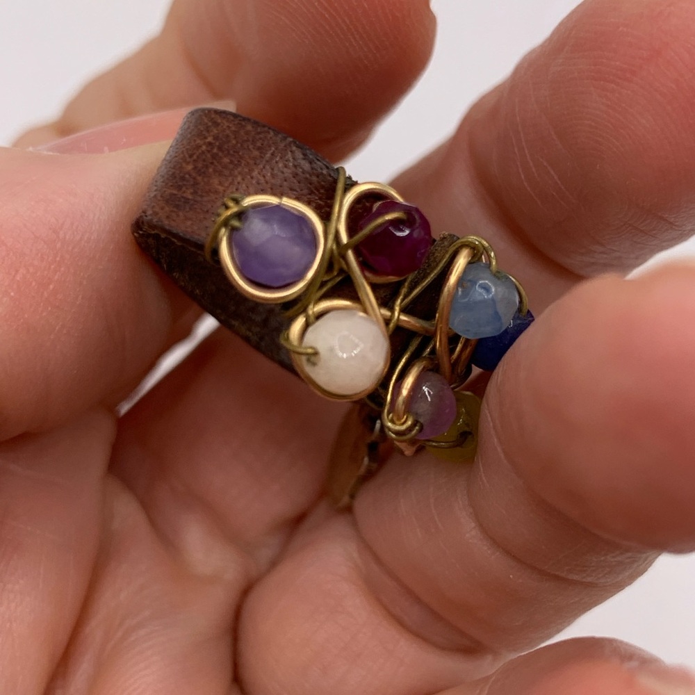 Multicolor Beaded Wire Wrapped Ring With Leather … - image 3